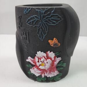 Vintage Asian Hand Carve Vase Butterfly Floral 4.5 In Signed